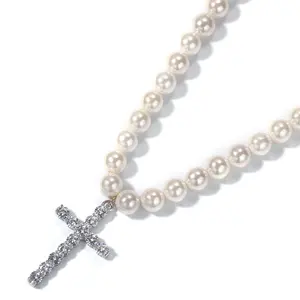 新时尚镀铑嘻哈风首饰项链优雅 10mm 淡水珠十字架吊坠项链