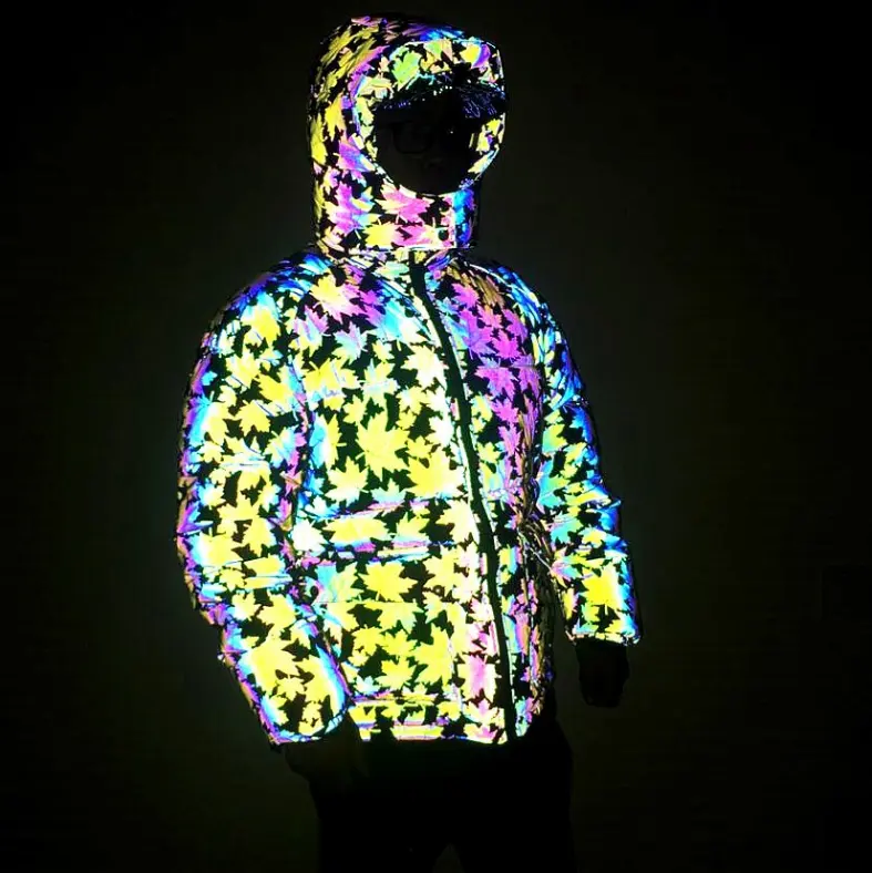 new maple leaf pattern running thick unisex women men winter rainbow reflective hooded puffer jacket down coat fashion clothes