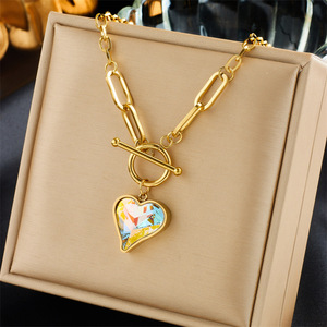 Crystal Heart Pendant Necklace Gold Chain Ot Buckle Faceted Iridescent Everyday Wear - Product Image 1