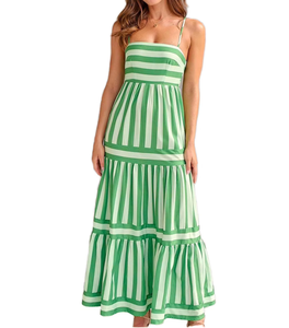 4411 Vestido Maxi Casual Estampado con Rayas Verdes y Tirantes Finos para Mujer, Estilo Hawaiano, al por Mayor, Personalizado, Tipo Túnica de Ocasión - Product Image 1