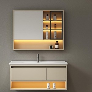Mueble de Baño con Lavabo de Cerámica y Espejo Inteligente, Combinación de Lavabo y Mueble con Espejo, Color Café con Leche - Product Image 1