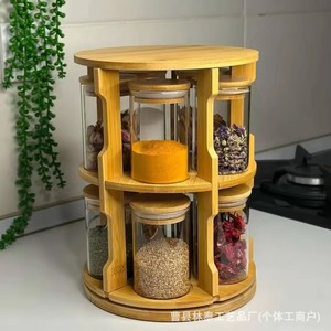 Rotatable Bamboo Spice Rack Double Layer Glass <b>Jars</b> With Wooden Lid <b>Kitchen</b> Countertop <b>Storage</b> Organizer - Product Image 4