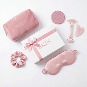 Custom Glitter Compact Mirror Beauty Gift Set Rose Quartz Roller Gua Sha Silk Eye Mask Velvet Bag Kit