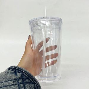 Us Warehouse 16Oz Double Walled Clear Acrylic <b>Cup</b> Mug Hole 16 Oz 24Oz Snowglobe Plastic Tumbler <b>With</b> Colorful <b>Lid</b> and Straw - Product Image 1