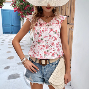 Women's Floral Print <b>T</b>-Shirt V Neck Ruffle Sleeveless Top with Bow <b>Back</b> Casual Loose Fit Summer Blouse Cute Daily Wear - Product Image 2