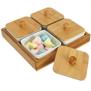 Plateau de service en bambou personnalisé, classique, écologique, multi-compartiments, avec bols en céramique et couvercles en bois, gravure possible, pour fêtes, collations et bonbons - Product Image 2