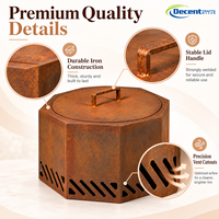 Perapian Besi Heksagonal Corten Steel dengan Tutup Bundar Pipih, Lubang Ventilasi, untuk Teras dan Taman, Pembakaran Kayu
