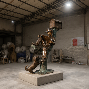 Estatua de Bronce Fundido a Medida de Niño Leyendo un Libro con Perro Debajo del Árbol, Tamaño Real, para Decoración de Parques, Jardines y Villas - Product Image 2