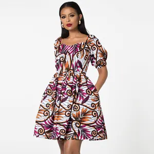 סיטונאי זול עלות אפריקאי עיצוב מסורתי כבוי כתף קצר שרוול שעוות הדפסת שמלות סין מפעל