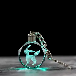 批发3D激光雕刻空白玻璃Pokeman Go怪物钥匙圈发光二极管水晶钥匙链