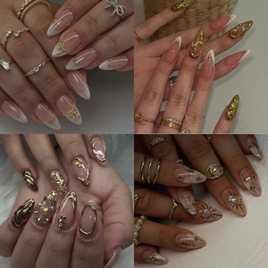 Juego de 24 <span class=keywords><strong>Uñas</strong></span> Acrílicas con Diseño Elegante de Líneas Doradas para Mujer, <span class=keywords><strong>Uñas</strong></span> Postizas Cortas con Punta Francesa en Forma de Almendra, Acabado Brillante y Cobertura Total - Product Image 2
