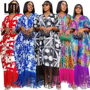 Liu Ming Vintage Hot Selling Women's Sexy V Neck Fringe Short Sleeve Loose Printed Casual Daily Life Plus Size Maxi Dress