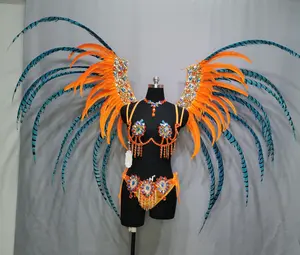 Hoge Kwaliteit Handgemaakte Samba Rio Carnaval Draad Bh + Panty + Veren Hoofdtooi Met Stone Sexy Buikdansen Kostuum