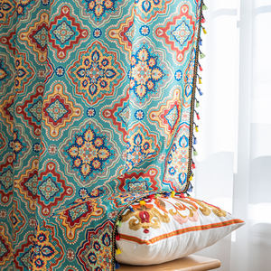 Bohème Tribal Sheer Rideaux Bleu Sarcelle 100% Polyester Géométrie Sacrée Diamant Motifs Glands Colorés pour Vivre - Product Image 4