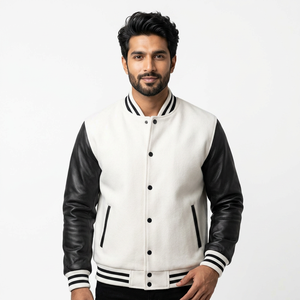 Custom Design <b>White</b> Leather Sleeves Black Wool Eco-Friendly Quick Dry Winter College Varsity <b>Jackets</b> Front Logo <b>Men</b> - Product Image 1
