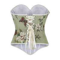 Bustier Corset Rétro Vert à Motifs Floraux et Papillons en Jacquard, Effet Amincissant, à Porter en Extérieur