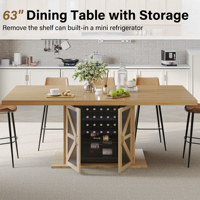 Table à manger en bois de chêne clair sur mesure avec armoire de rangement et casier à vin pour la maison, 63 pouces, grain naturel durable