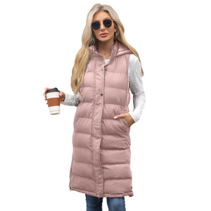 <span class=keywords><strong>Gilet</strong></span> <span class=keywords><strong>long</strong></span> matelassé à capuche pour <span class=keywords><strong>femme</strong></span>, couleur unie, fermeture éclair, boutons-pression, sans manches, en coton rembourré, vêtement d'extérieur - Product Image 3