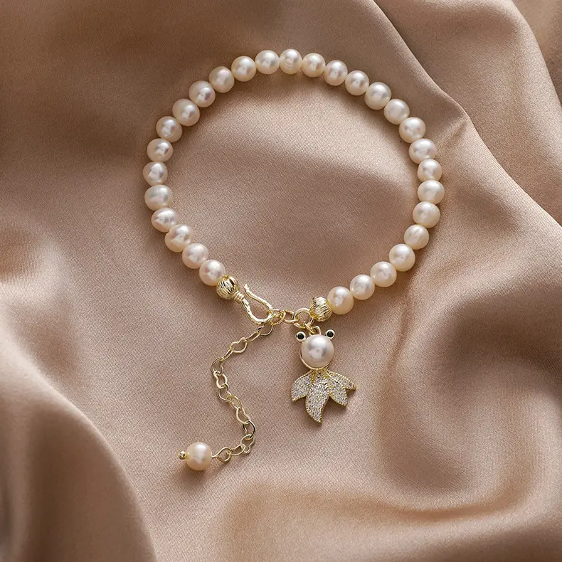 Baroque Freshwater Pearl Goldfish Charm Bracelet for Women Girl Gold Color Shiny Rhinestone Bracelet (KB8284)