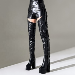 Botas de tacón grueso para mujer con flecos, plataforma alta hasta el muslo, con cinturón, botas por encima de la rodilla, talla grande 47 - Product Image 2