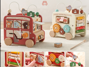 Juguete de madera transfronterizo para niños, rompecabezas educativo temprano, autobús multifuncional Montessori 5 en 1 de seis caras - Product Image 3