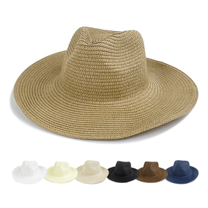 Nouveau produit plage paille vente en gros dame soleil une pièce <span class=keywords><strong>2022</strong></span> grand ensemble uni bleu embelli chapeau d'été pour femme - Product Image 1