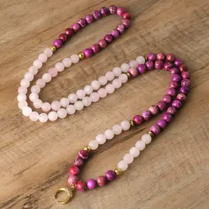 108 Dân Tộc Đính Cườm Mala Cầu Nguyện Vòng Cổ Cho Phụ Nữ Tự Nhiên Rose Quartz Tím Imperial Jasper Chữa Bệnh Thiền Japamala Vòng Cổ