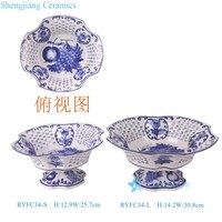 RYFC High Foot Blauw en wit porselein Milieuvriendelijk plantenpatroon Fruitschaal Thuis Bruiloft Decoratief Keramisch Hol Snoepbord