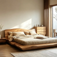 Cadre de lit en bois massif de style Japandi moderne et luxueux avec tête de lit en rotin tressé pour chambre principale, villa, hôtel, projet personnalisable