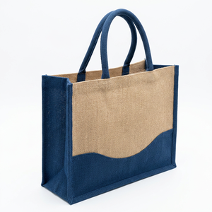 Bolsa de Compras Grande Ecológica de Yute Azul Marino con Asas de Cuerda, Logotipo Personalizado, Bolsa de Supermercado para Regalos - Product Image 1