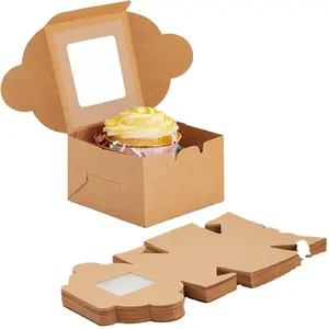 Cajas de pastelería individuales con ventana para panadería, contenedores de postres y tartas de 4x4x2,5, color marrón kraft, venta al por mayor, 50 paquetes