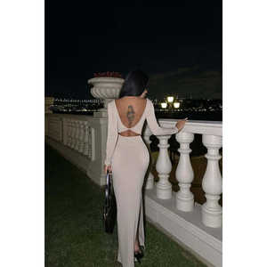 Robe de soirée de luxe beige à manches longues, robe de bal à sequins pour mariages, banquets et fêtes, style A-line longueur ras du sol - Product Image 1