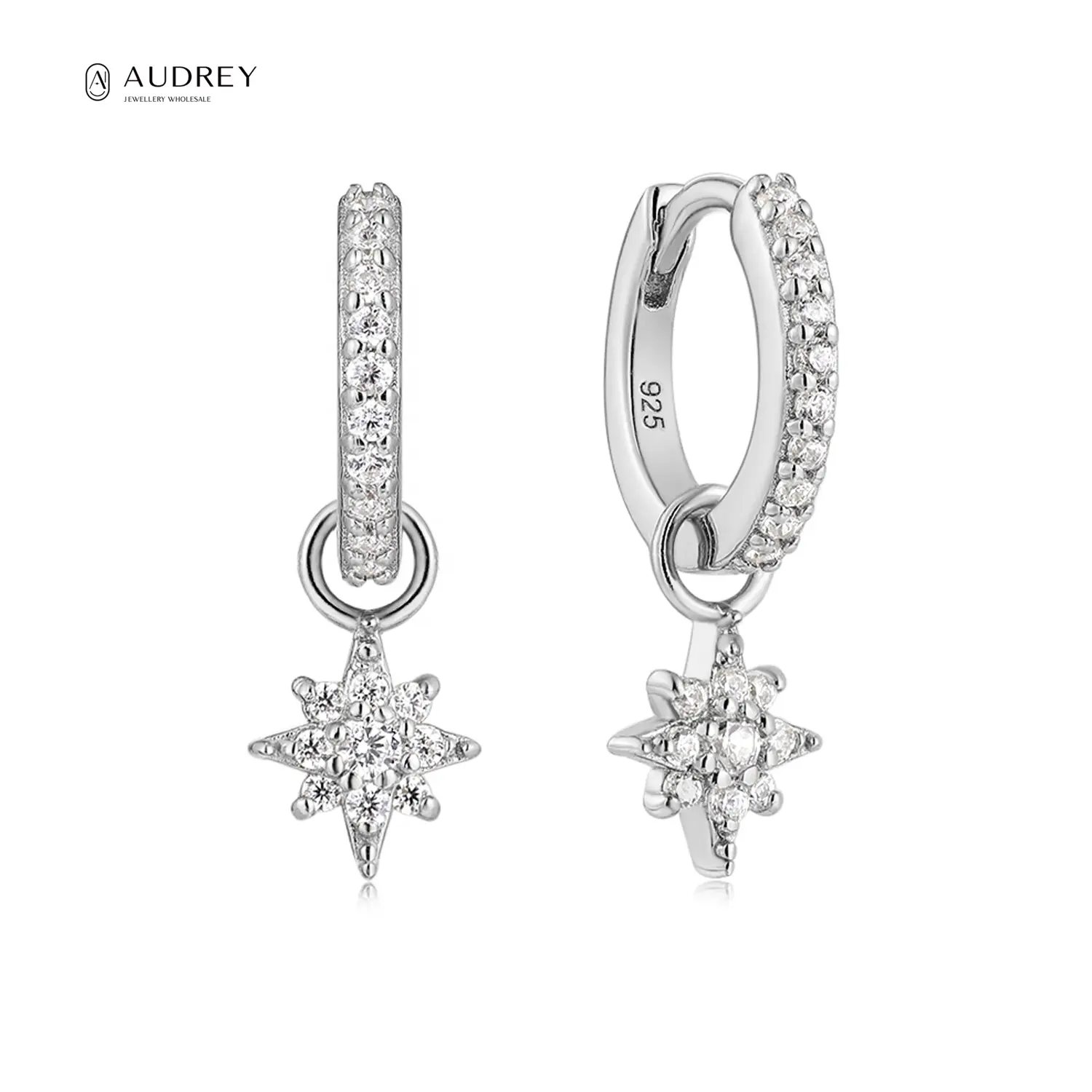 Audrey Women Jewelry Eight-Pointed Star Rhodium Plating S925 Sterling Silver Hoop Earrings Cubic Zirconia Gemstone Drop Earrings