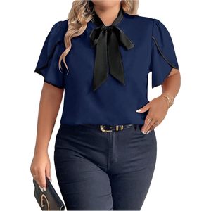 Chemisier pour femme grande taille bleu marine avec col à nœud papillon, manches à volants, en mousseline, élégant, décontracté, pour le bureau - Product Image 1