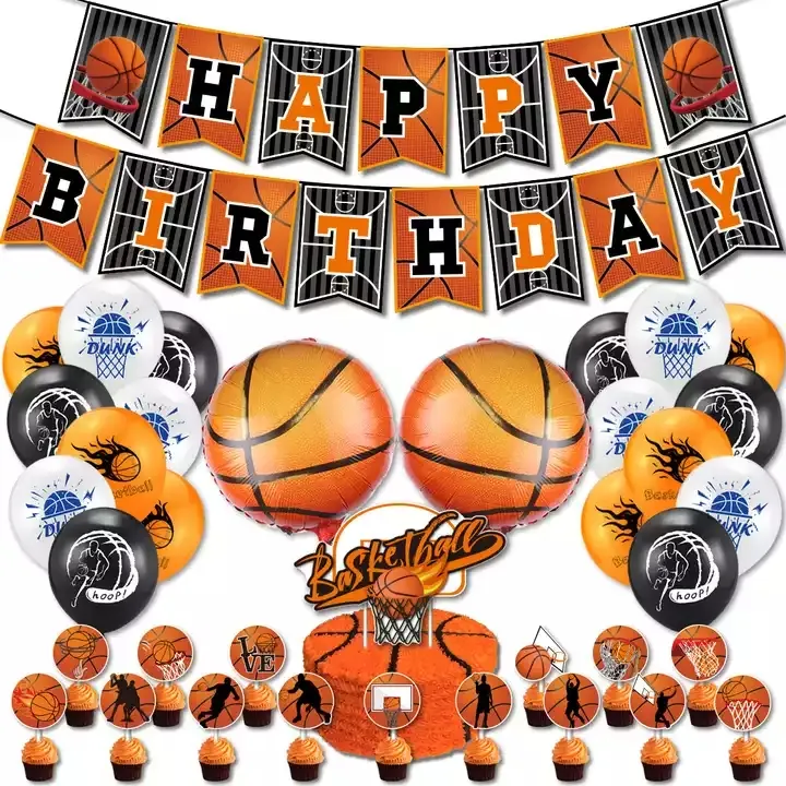 Set Balon Dekorasi Pesta Tema Bola Basket Laris Spanduk Selamat Ulang Tahun Pesta Bola Basket Hiasan Atas Kue