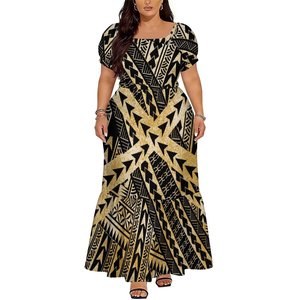 Nuevo Vestido de Mujer al por Mayor Personalizado, Negro, Crema y Dorado, con Estampado Tribal Geométrico Tradicional, Cuello Cuadrado, para Vacaciones en las Islas del Pacífico o Iglesia - Product Image 1