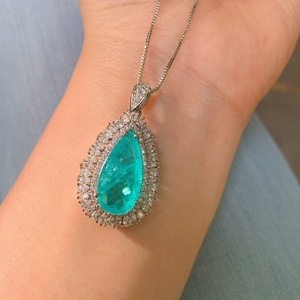 Bijoux de mode écologiques en cuivre plaqué or, zircon Paraiba 10*20mm, ensemble collier, boucles d'oreilles et bague, vente en gros, fabriqué en Chine - Product Image 2