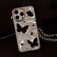 Coque de téléphone effet vague d'eau et papillon noir 14promax pour Apple 16, compatible iPhone 15 et 12 avec chaîne