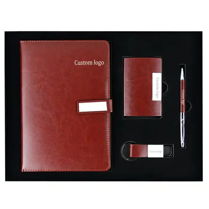 Luxe Op Maat Gemaakte Corporate Executive Souvenir Cadeau Artikelen Promotionele A5 Notebook Kaarthouder Sleutelhanger Combo Relatiegeschenkset