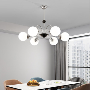Classique français rétro crème vent salon argent suspension multi-tête blanc laiteux boule de verre chambre hôtel E27 lustre - Product Image 4