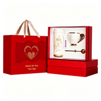 Coffret Cadeau d'Entreprise : Tasse à Café, Tasse à Thé, Cuillère Dorée, Thermos en Acier Inoxydable, Céramique Vintage à Motifs Floraux, Boîte Rouge, Qualité Premium pour Entreprises