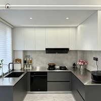 XINGRUO Armoires de cuisine modernes minimalistes sans poignées, ensemble d'armoires de cuisine modulaires blancs et gris avec plan de travail en marbre