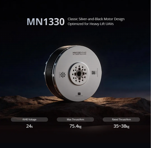 MN1330 Classic Silver-and-Black Motor Design Optimized for Heavy-Lift UAVs KV40 Voltage 24s Max Thrust/Arm 75.4kg