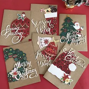 Tarjeta de felicitación de Navidad vintage de alto grado, tarjetas de Navidad hechas a mano, estampado en caliente, papel Kraft, tarjeta de felicitación, sobre a juego