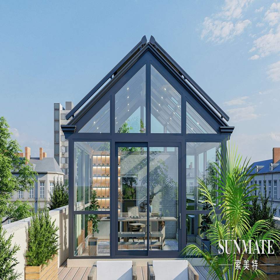 View of Gable Roof Aluminum Bioclimatic Sunroom for Hotel Home Office Wedding ...