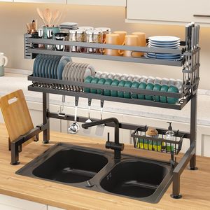 Home Items Organizer Double Tier Stainless Steel Multifunction Non-Folding Standing Type <b>Dish</b> Drainer Sink <b>Dish</b> Storage <b>Rack</b> - Product Image 1