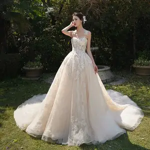 制造商制造性感婚纱v领贴花无背优雅一线花园婚纱婚纱