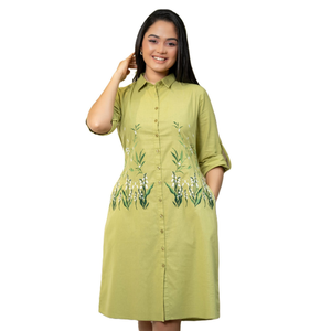 Robe courte en lin de haute qualité avec broderie florale vert clair élégante décontractée pour femmes - Product Image 2