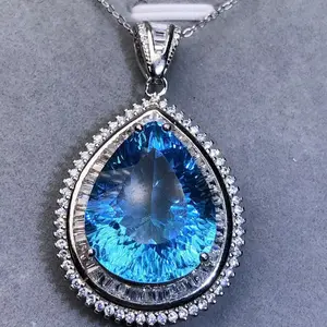 Pendentif suisse en topaze bleu pour femmes, bijoux fantaisie, incrusté en argent 925, corps pur, coupe millénaire, bleu marine profonde