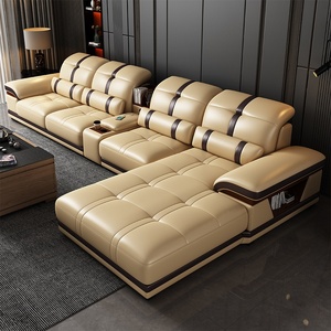 Ensemble de canapés en cuir de luxe léger et minimaliste moderne, combinaison d'angle en bois massif, éponge, pour petits salons, tissu technique haut de gamme, USB - Product Image 1